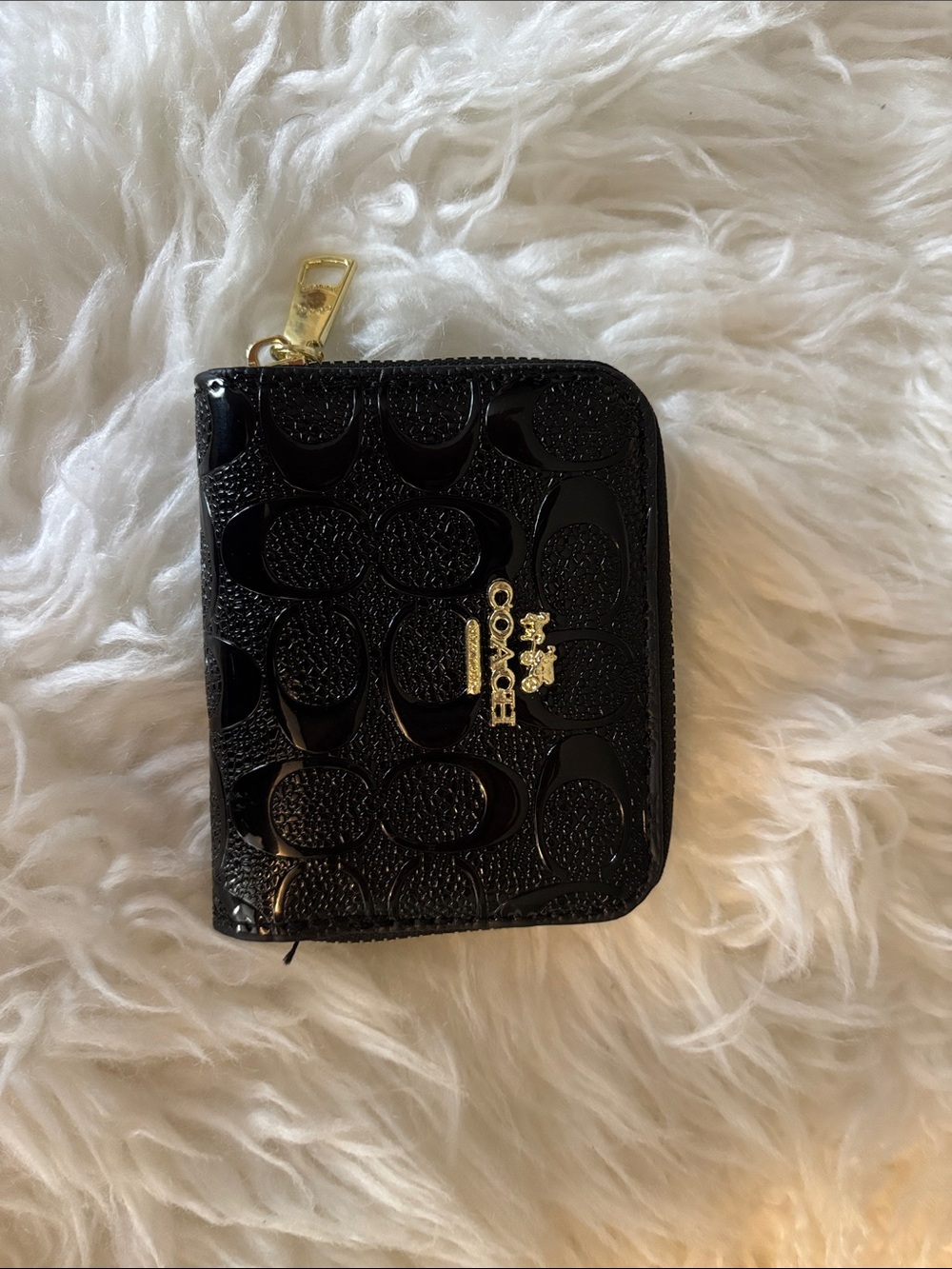 COACH Black Patent Zip-Around Mini Wallet with Gold Hardware